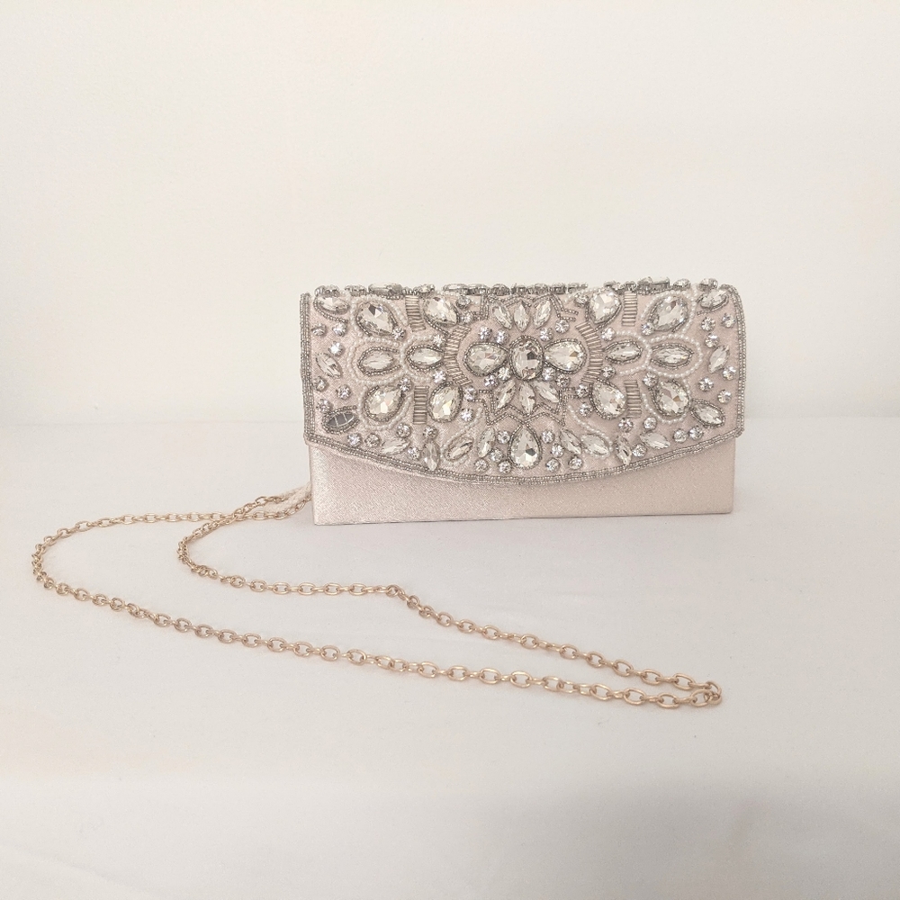 Nina Ivory Satin bridal clutch with Crystals